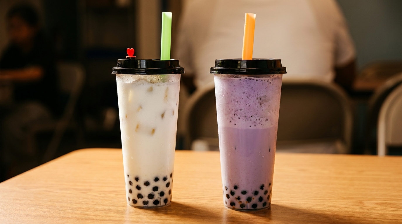 Two bubble tea drinks, one white and one purple, with black tapioca pearls on a wooden table.