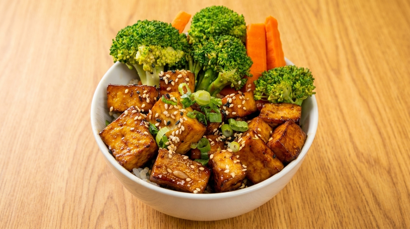 A white bowl filled with glazed tofu, broccoli florets, and carrot sticks on a wooden table.
