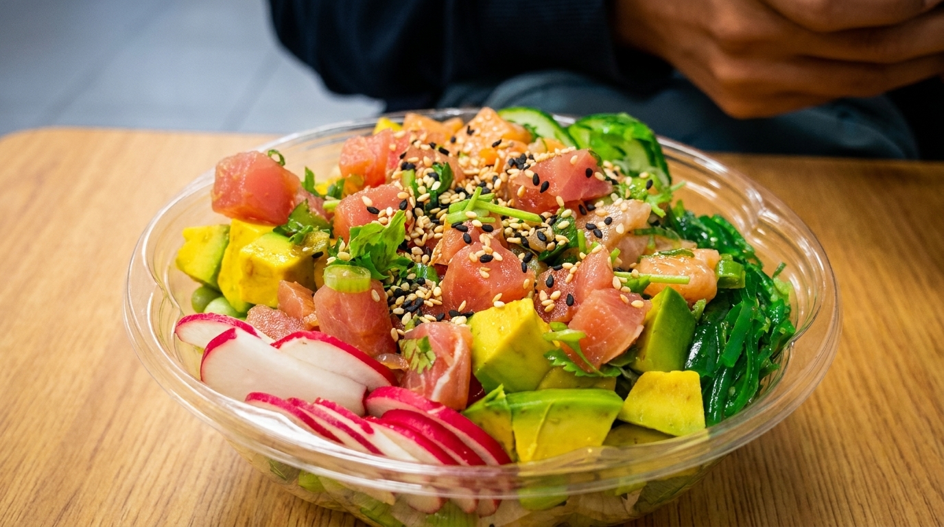 A close-up of a colorful poke bowl with tuna, salmon, avocado, radishes, and seaweed.