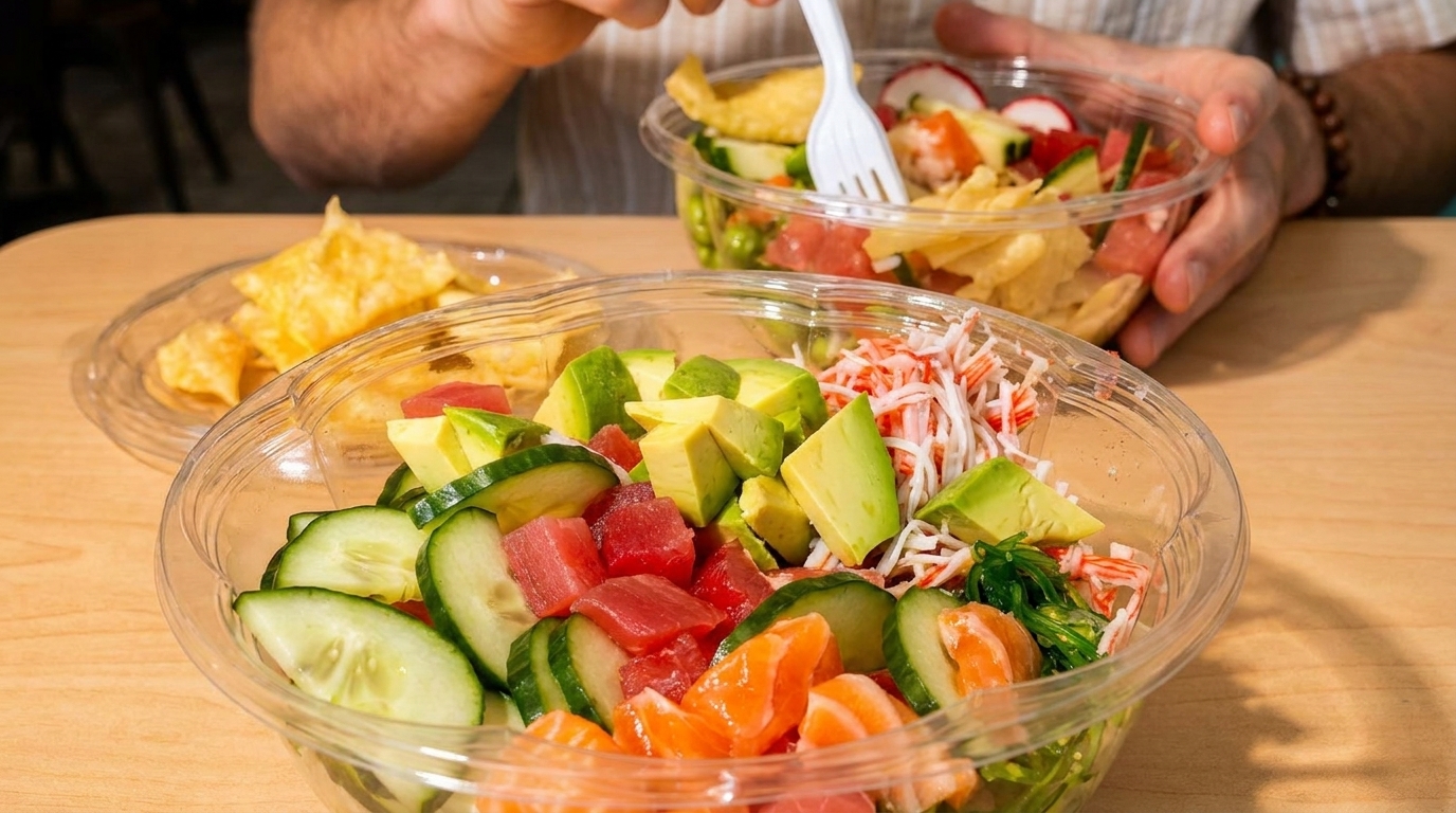 Two poke bowls with tuna, salmon, avocado, cucumber, and crab, with a person eating one.