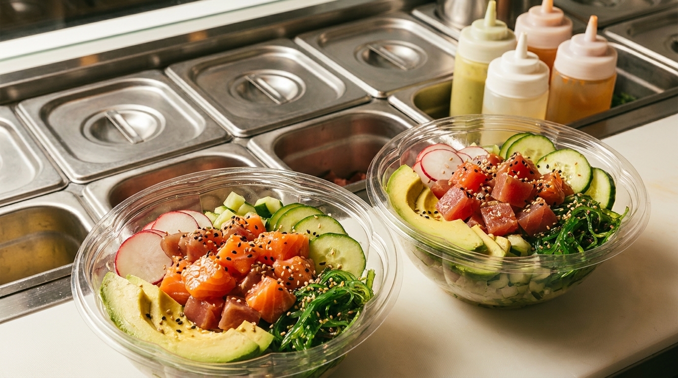 Two fresh poke bowls with tuna, salmon, avocado, cucumber, and seaweed salad on a counter.
