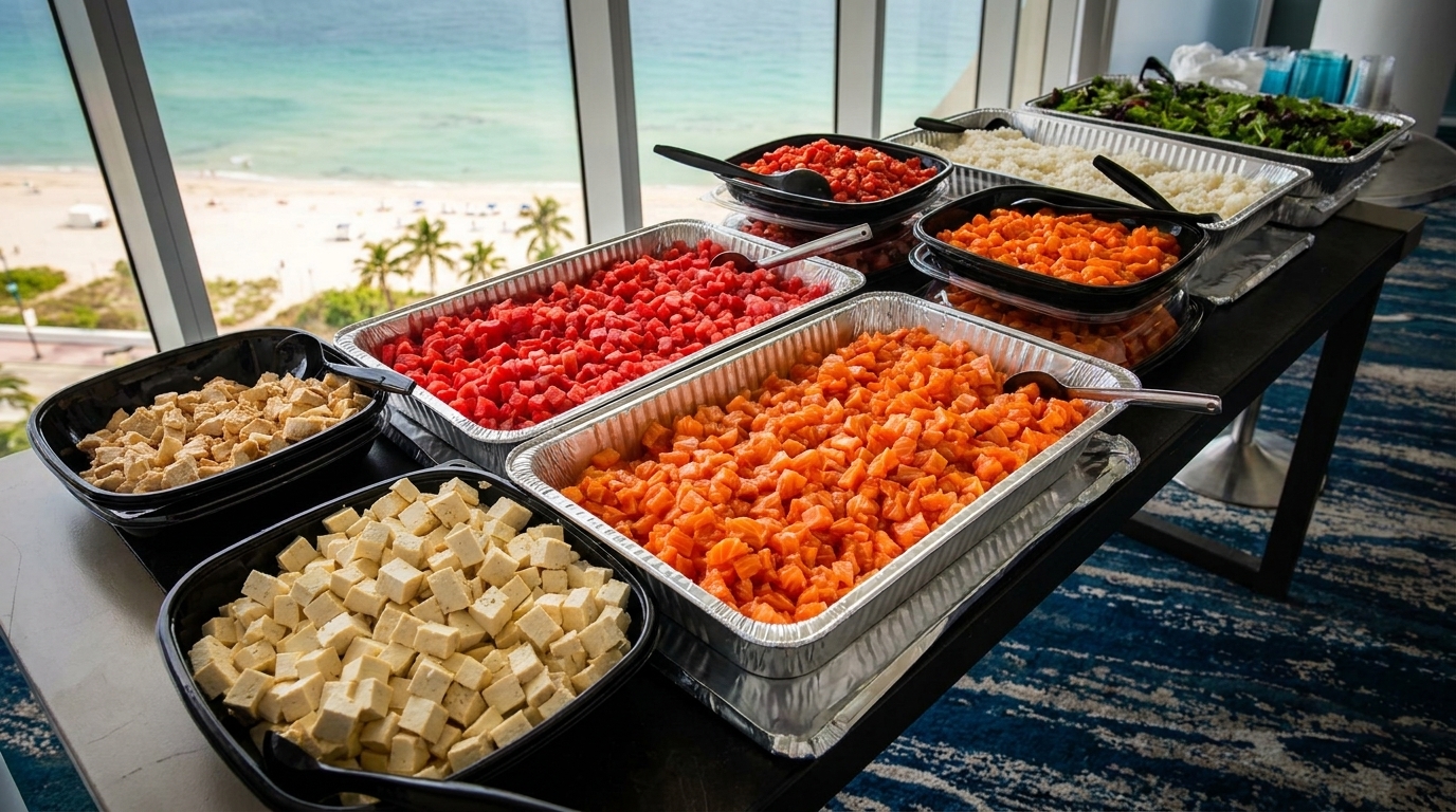 Buffet with diced salmon, tuna, tofu, rice, and salad overlooking a beach and ocean.