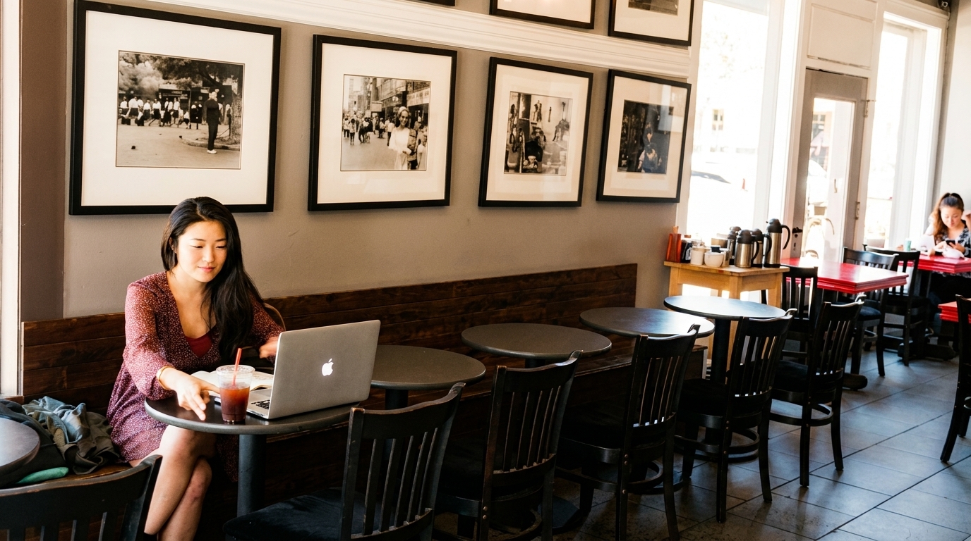 A woman works on a laptop at a cafe table with a drink, surrounded by framed art.