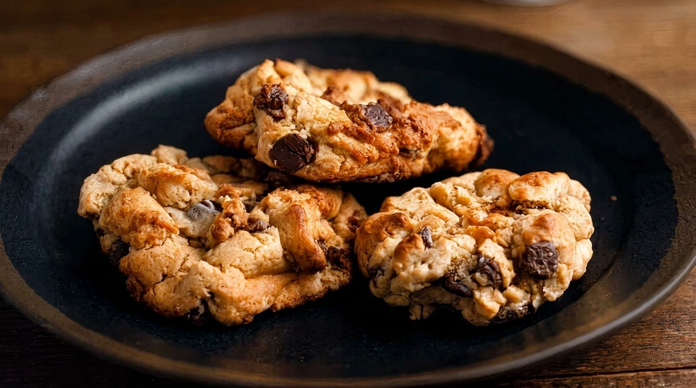 Three golden-brown chocolate chip cookies with visible chocolate chunks on a dark plate.