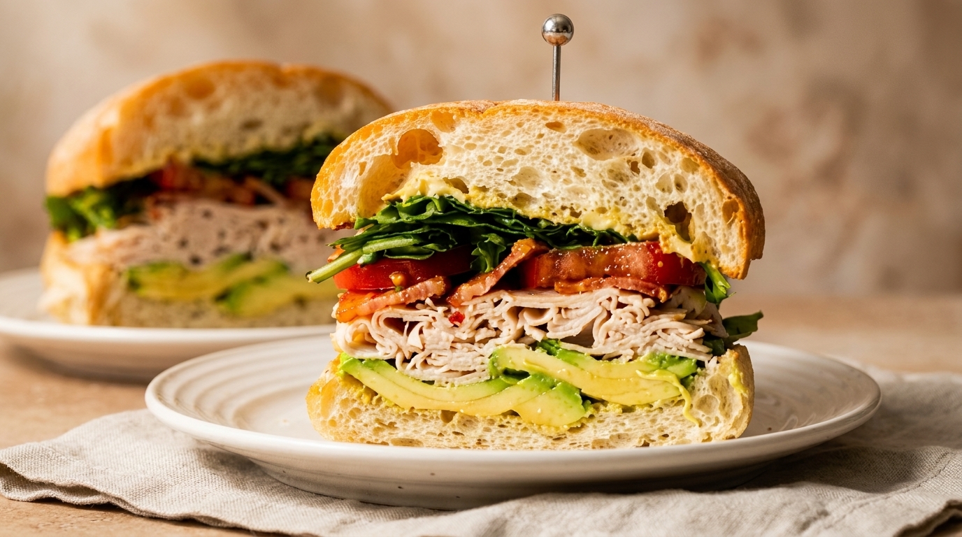 Two ciabatta sandwiches filled with turkey, avocado, bacon, tomato, and greens on white plates.