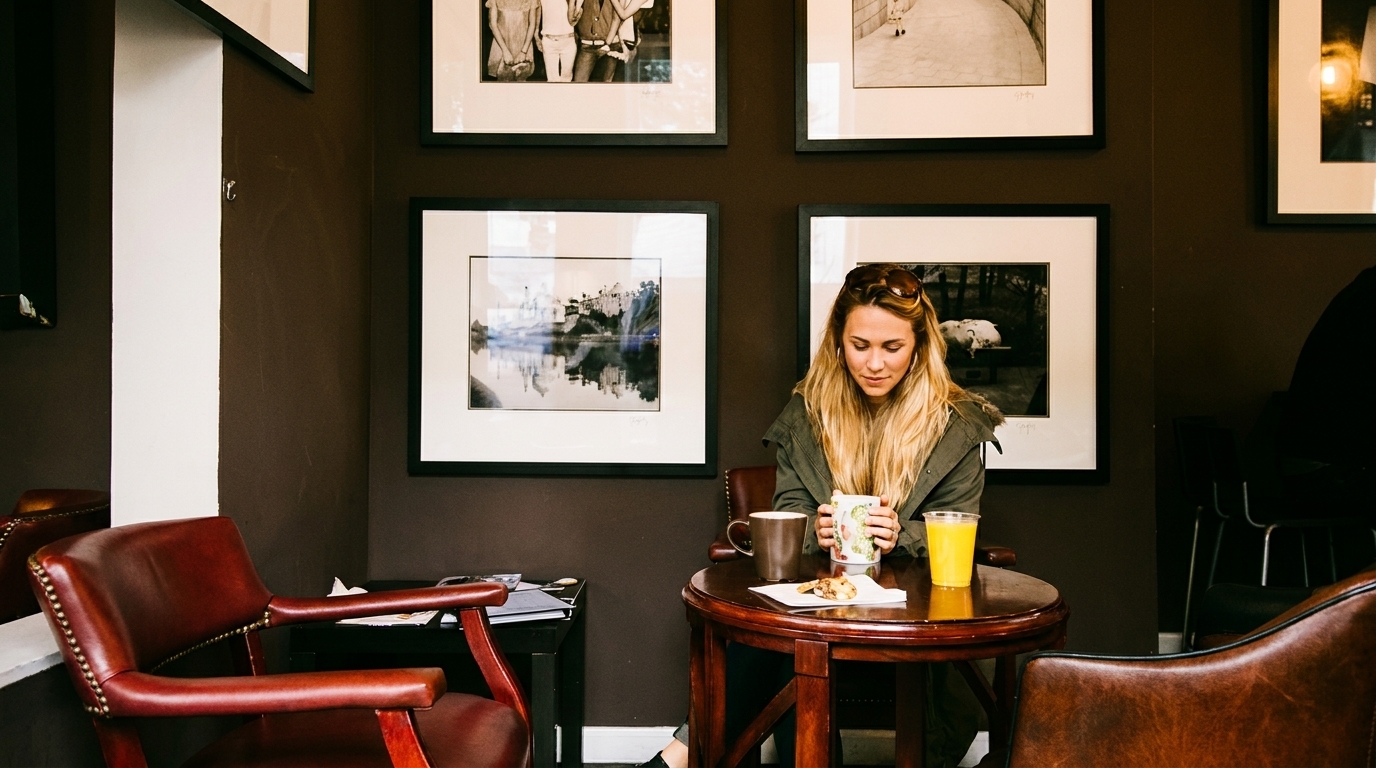 Young woman enjoying coffee and pastries at a small round table in a cozy cafe.