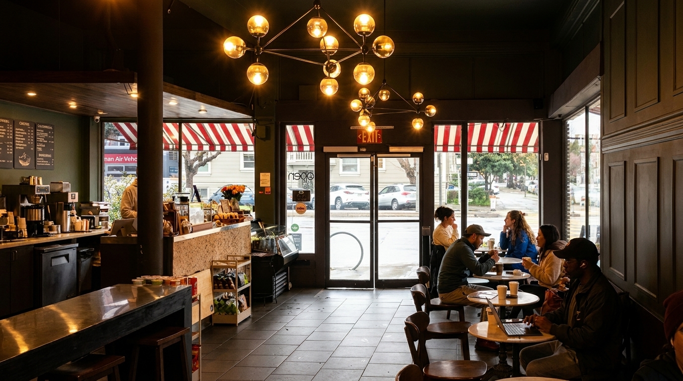 Customers relax inside a coffee shop with a large chandelier, counter, and street view.