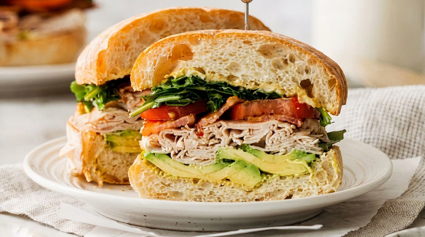 Two halves of a turkey, bacon, avocado, lettuce, and tomato sandwich on ciabatta bread.