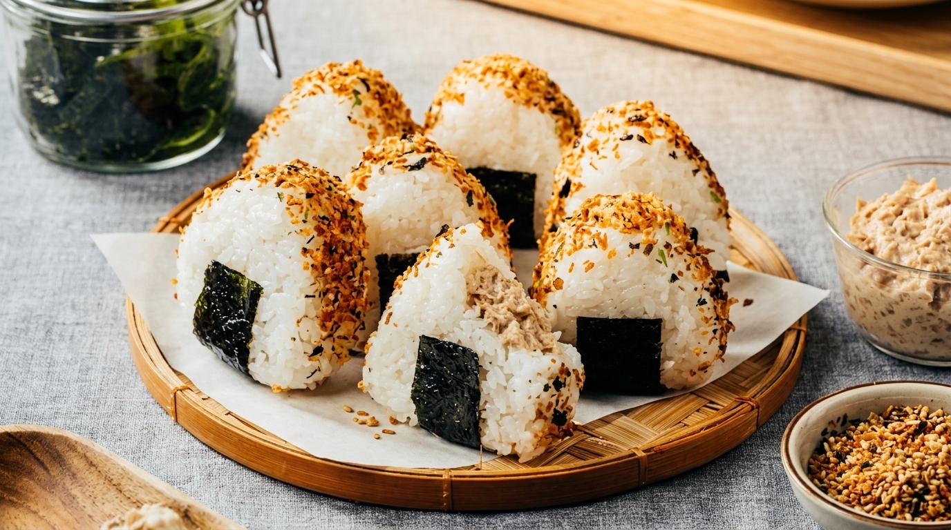 A bamboo tray holds several triangular onigiri, some with tuna filling, topped with sesame seeds and nori.