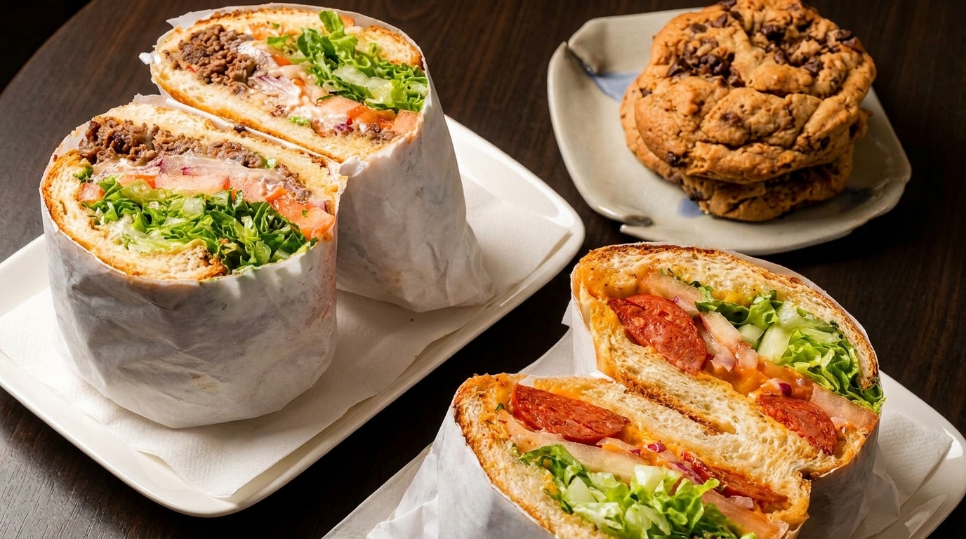 Two large, sliced sandwiches with meat, lettuce, and tomatoes, plus chocolate chip cookies.