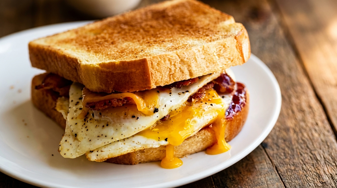 Breakfast sandwich with runny fried eggs, bacon, and cheese on toasted bread.
