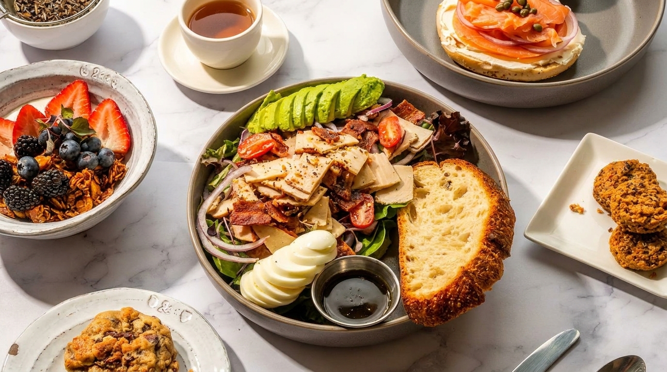 Overhead view of a breakfast spread with a salad, yogurt parfait, bagel, and cookies on a marble table.