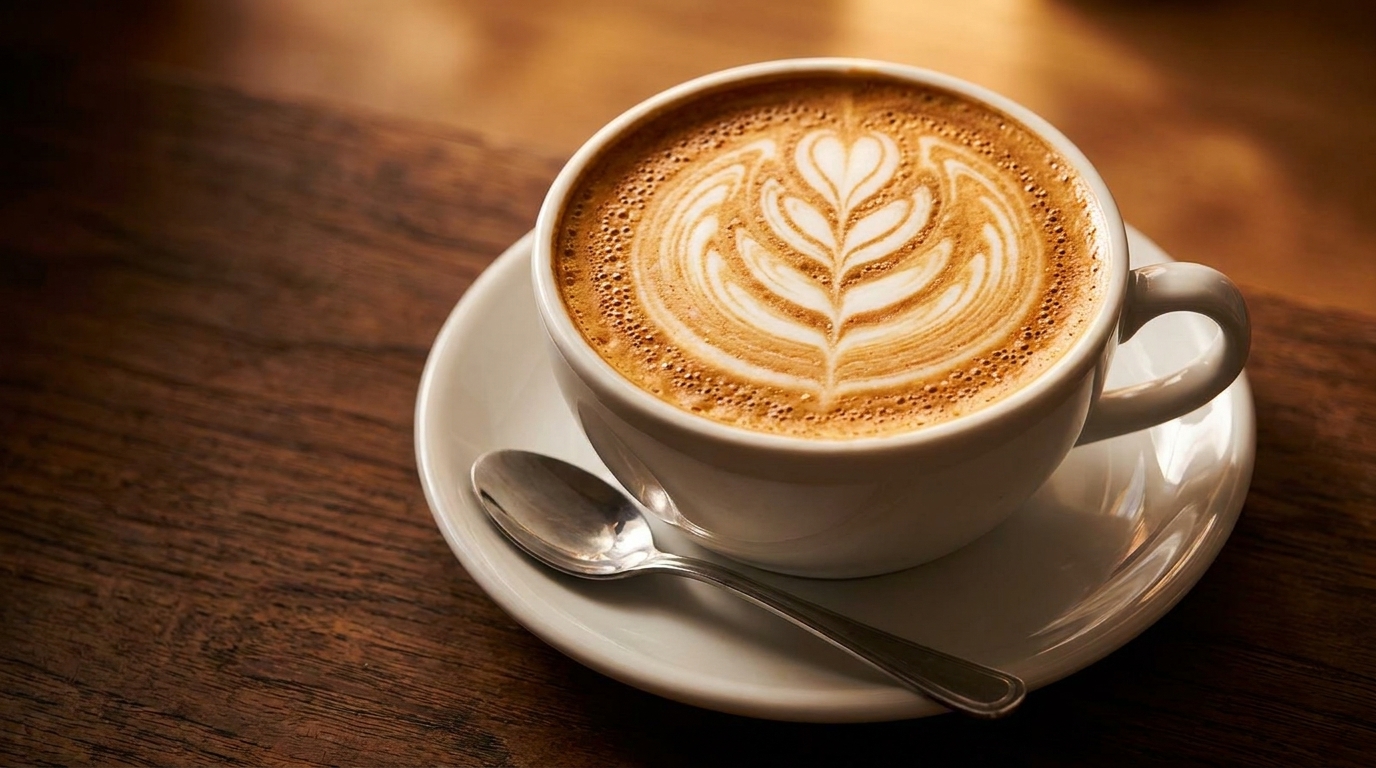 A white cup of latte with intricate foam art sits on a saucer with a spoon on a wooden table.