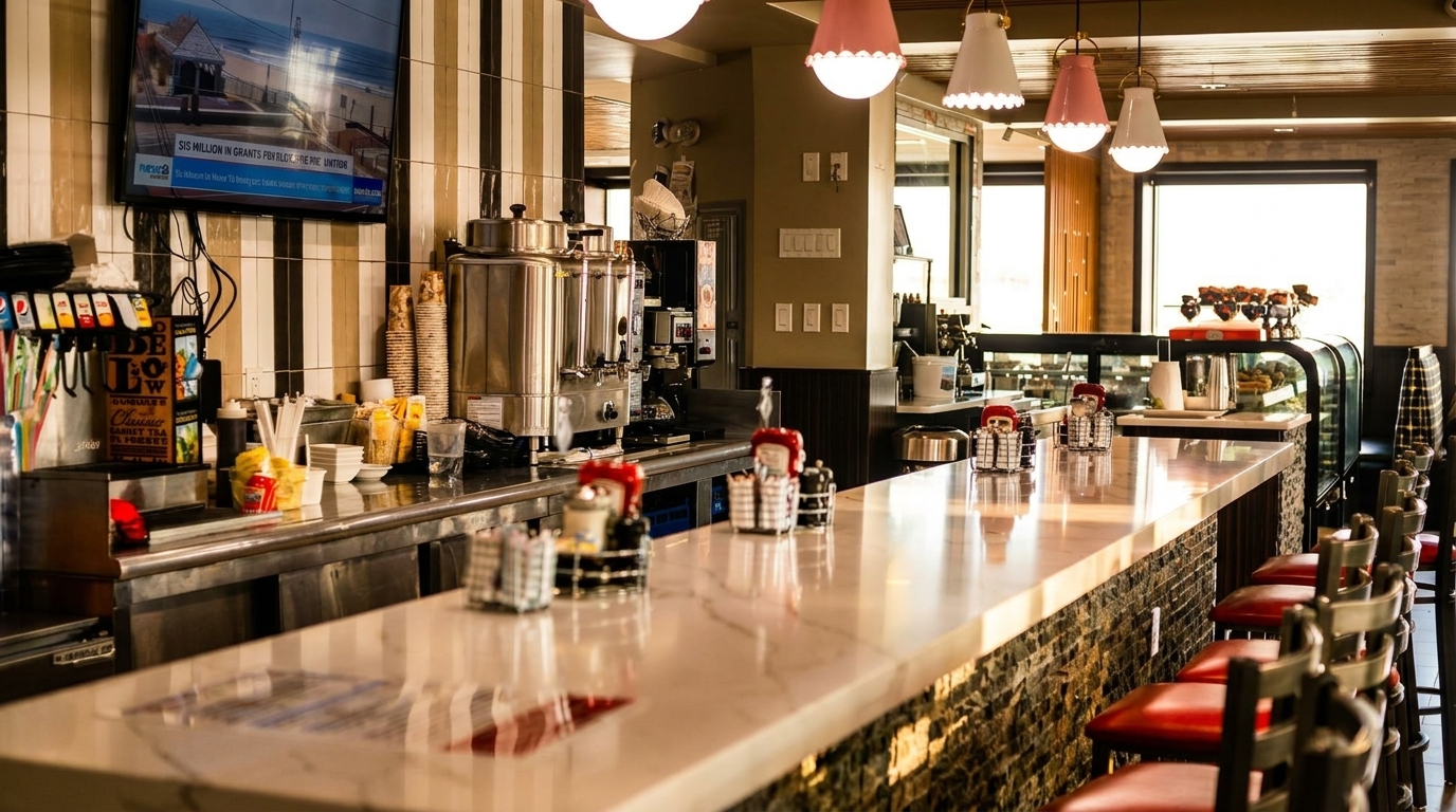 Diner counter with red stools, condiment holders, coffee machines, and a TV showing news.