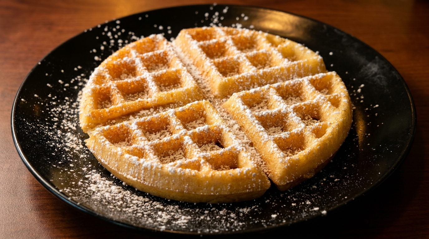 Golden waffle dusted with powdered sugar, served on a black plate.