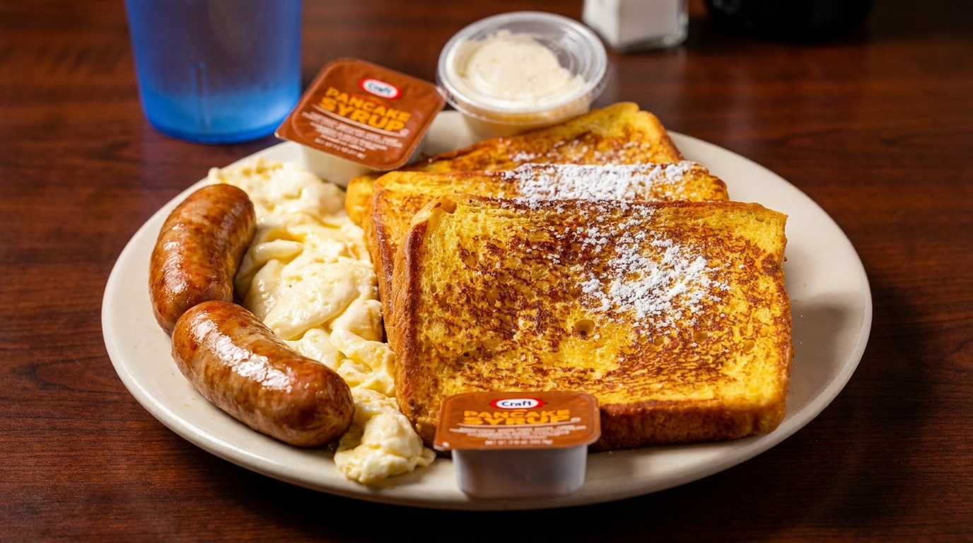 Breakfast plate with French toast, scrambled eggs, two sausages, and syrup on a wooden table.