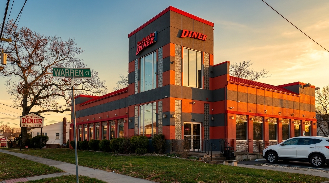 The Park Ave Diner, a modern orange and gray building, at sunset on Warren Street.