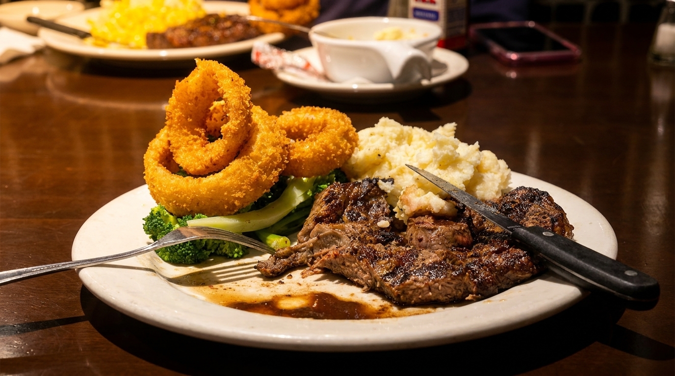 Grilled steak, mashed potatoes, broccoli, and onion rings on a white plate at a restaurant.