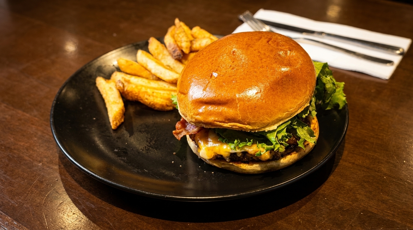 A juicy burger with melted cheese, bacon, and lettuce, served with golden potato wedges on a black plate.