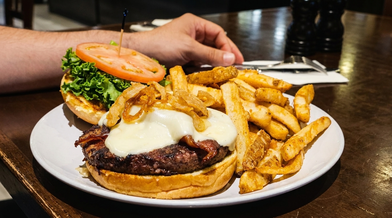 A gourmet burger with melted cheese, bacon, and crispy onions, served with a side of fries.