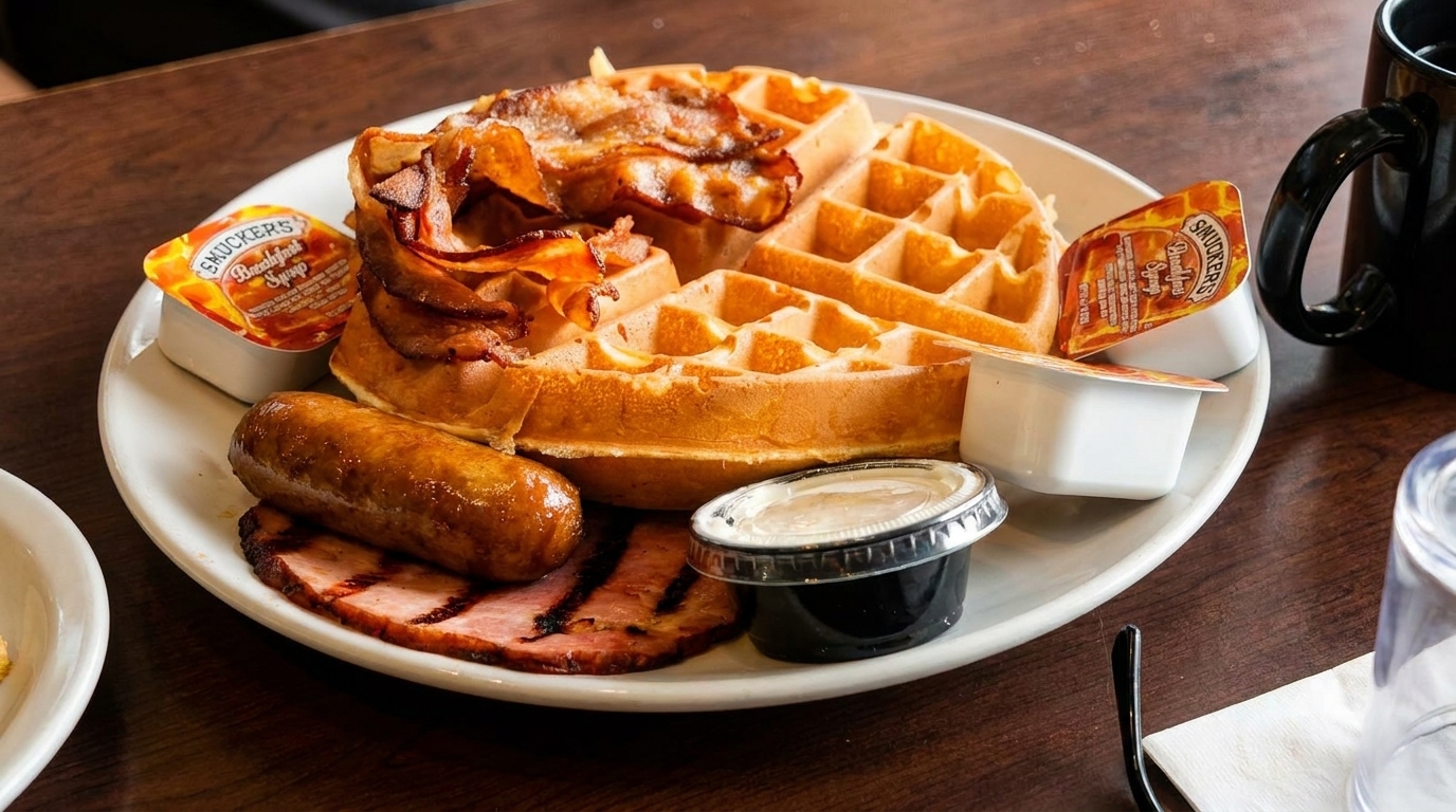 A breakfast plate with waffles, bacon, sausage, ham, and syrup on a wooden table.