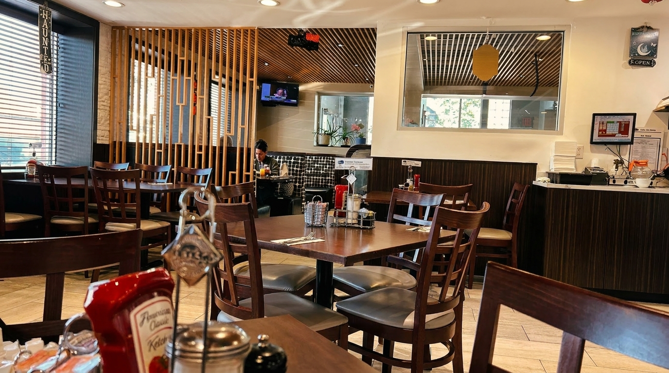 A diner interior with wooden tables and chairs, a counter, and a person seated in the background.