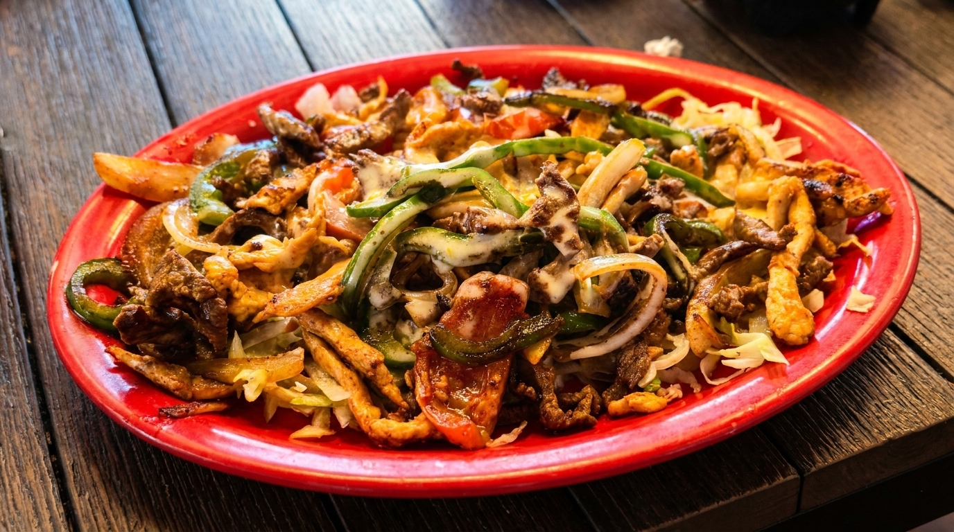 A vibrant red plate filled with sizzling fajitas, featuring chicken, beef, peppers, and onions.