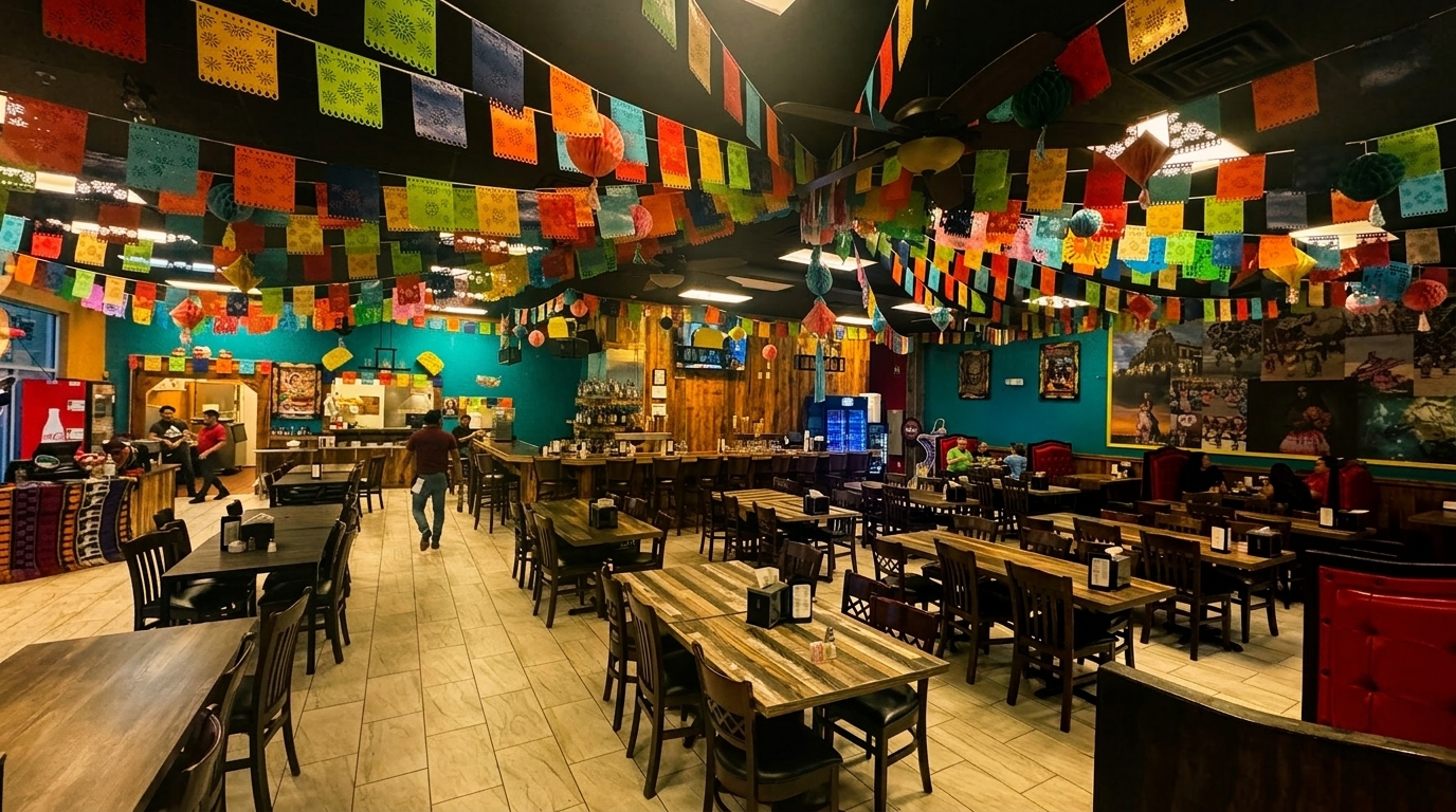 Vibrant Mexican restaurant interior with colorful papel picado banners, wooden tables, and a bar area.