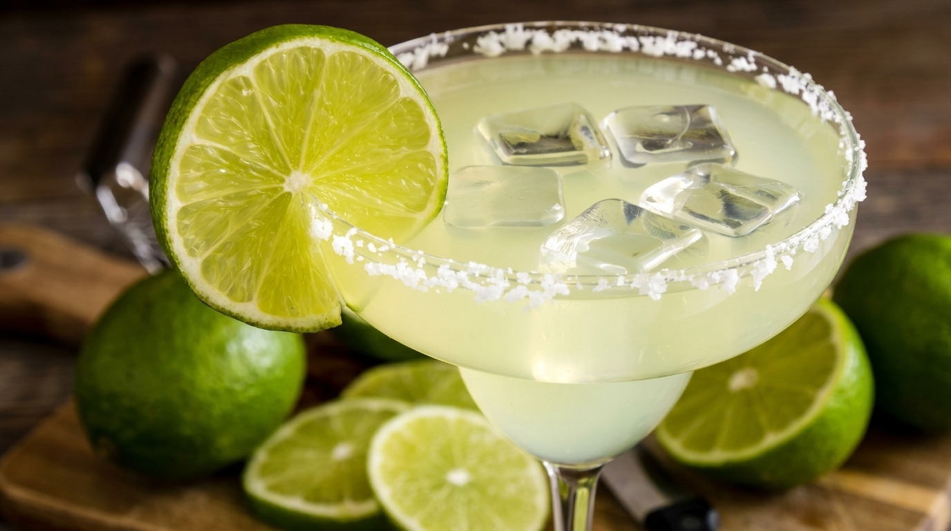 Close-up of a margarita with a salted rim, lime slice, and ice cubes, surrounded by fresh limes.