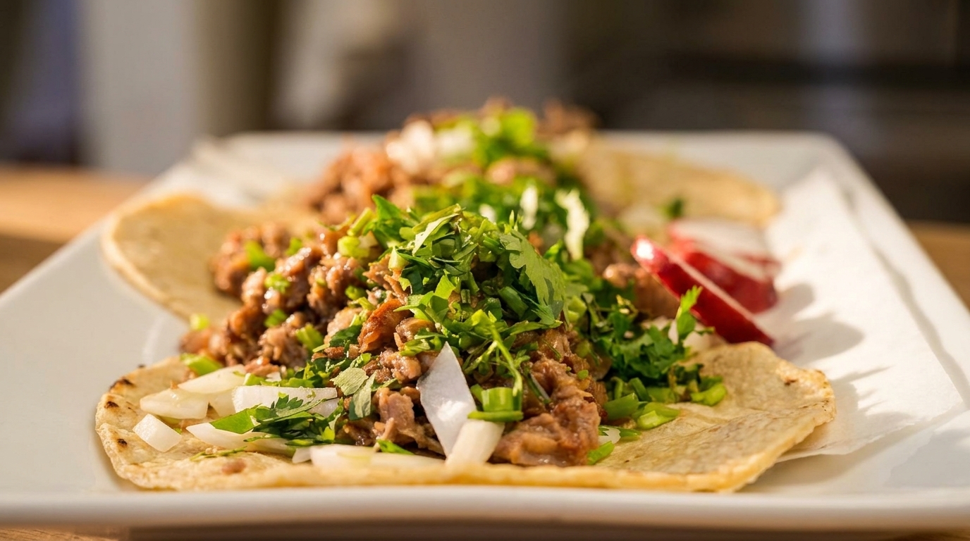 Three delicious tacos filled with meat, cilantro, onions, and radishes on a white plate.