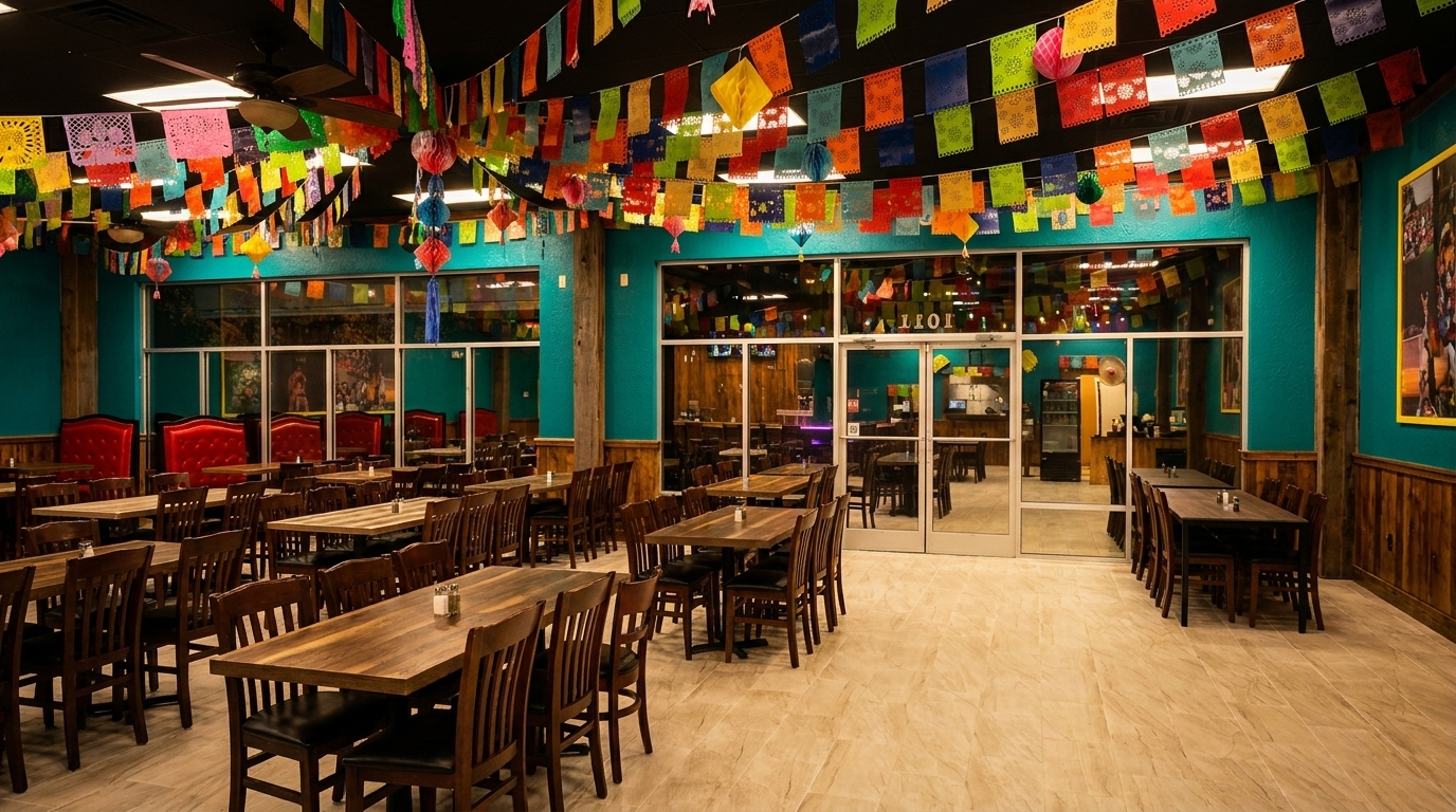 Spacious Mexican restaurant dining room with colorful papel picado banners, wooden tables, and teal walls.