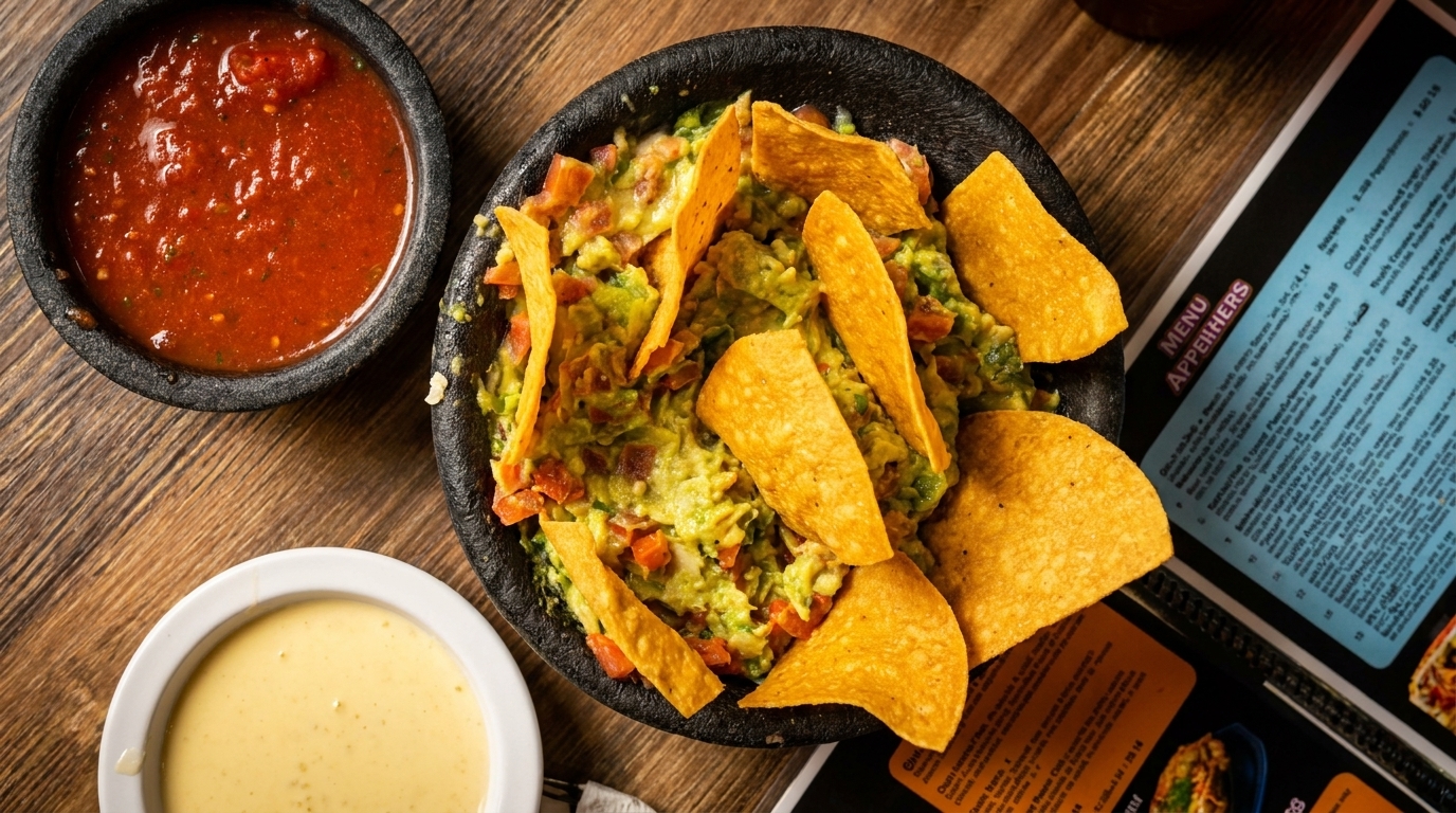 Guacamole with tortilla chips, salsa, and queso dip on a wooden table with a menu.