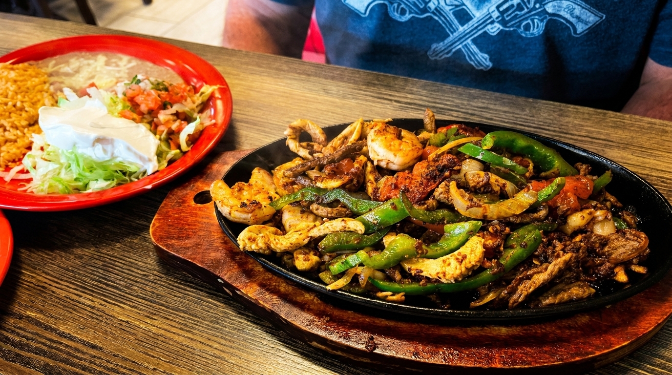 Sizzling fajitas with shrimp, chicken, and vegetables, alongside a plate of rice, beans, and toppings.