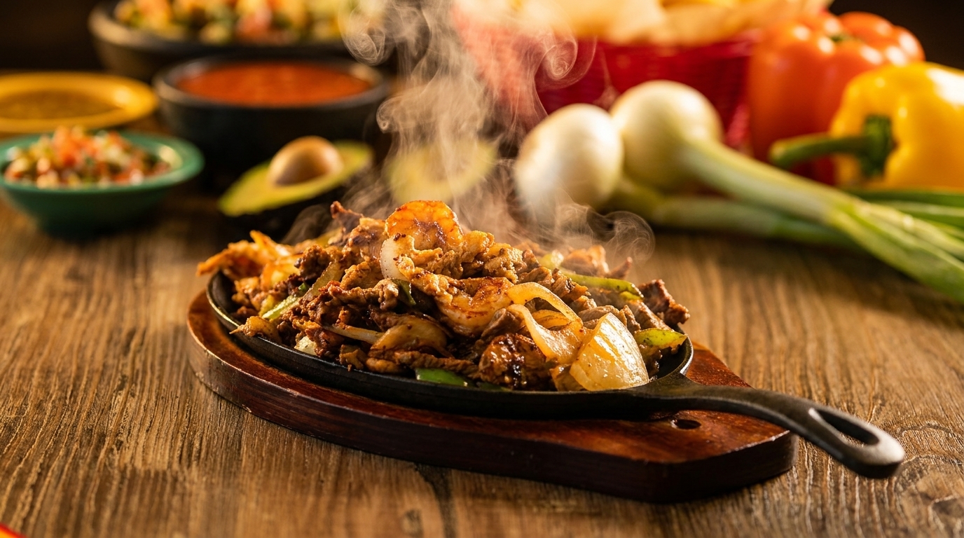 Sizzling fajitas with shrimp, steak, onions, and peppers on a cast iron skillet with steam rising.