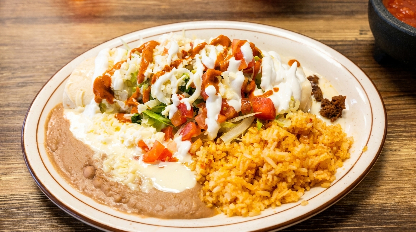 A plate of Mexican food with a burrito, rice, refried beans, lettuce, tomatoes, cheese, and sauces.