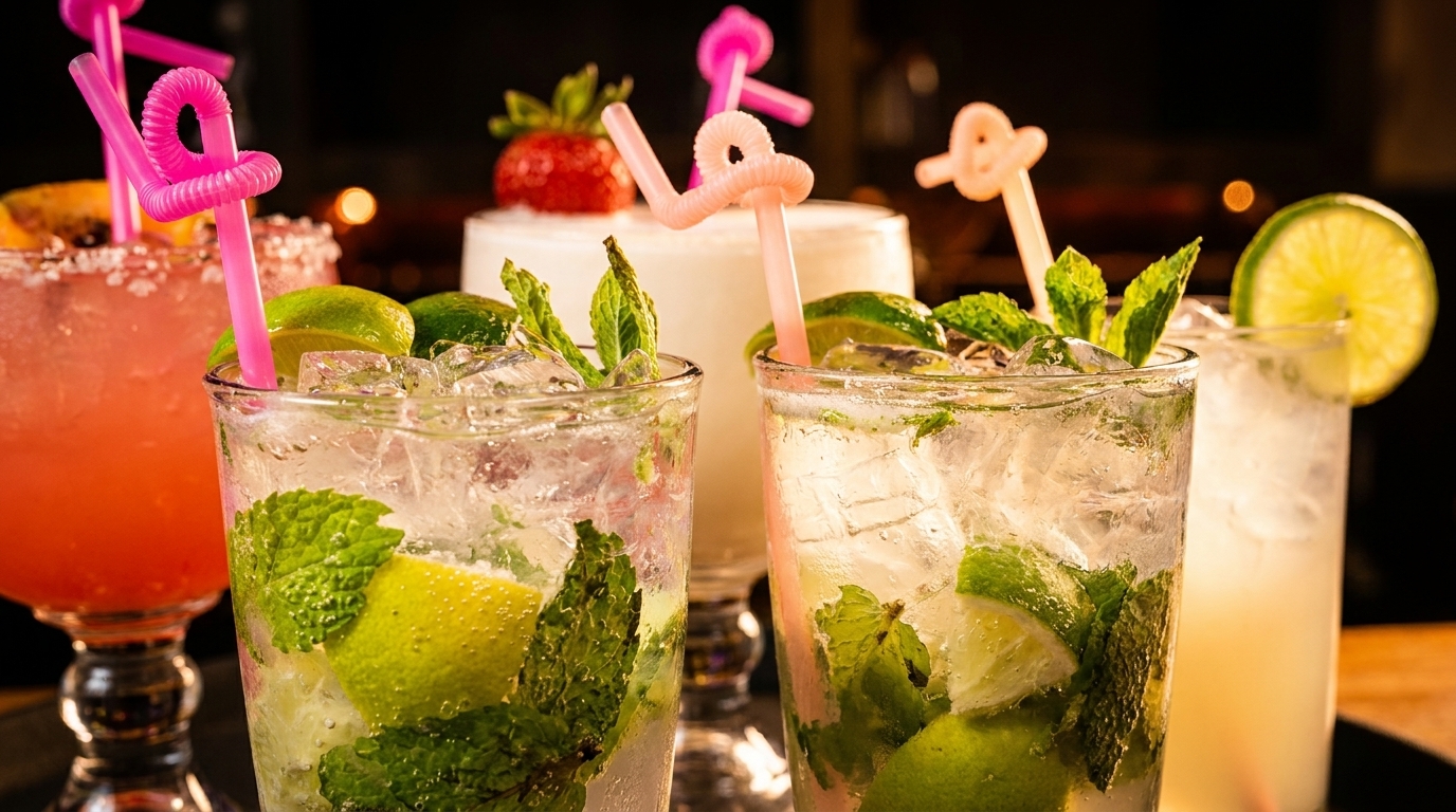 Close-up of several vibrant cocktails, including mojitos with lime and mint, and a pink margarita.