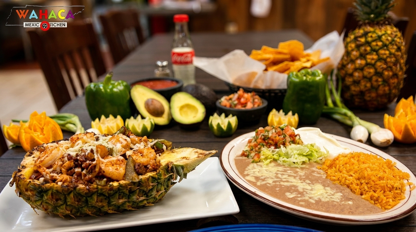 Wahaca Mexican Kitchen's pineapple shrimp dish, rice, beans, and fresh ingredients on a wooden table.