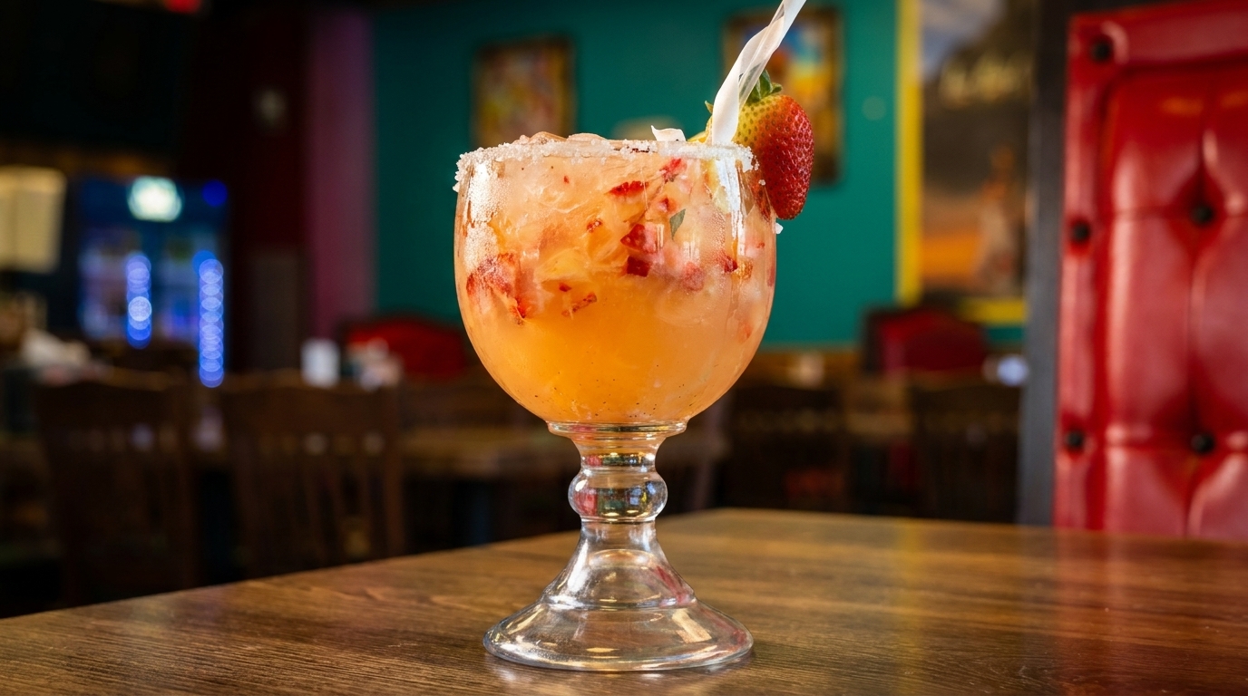 A strawberry margarita with a salted rim and fresh strawberries sits on a wooden table.