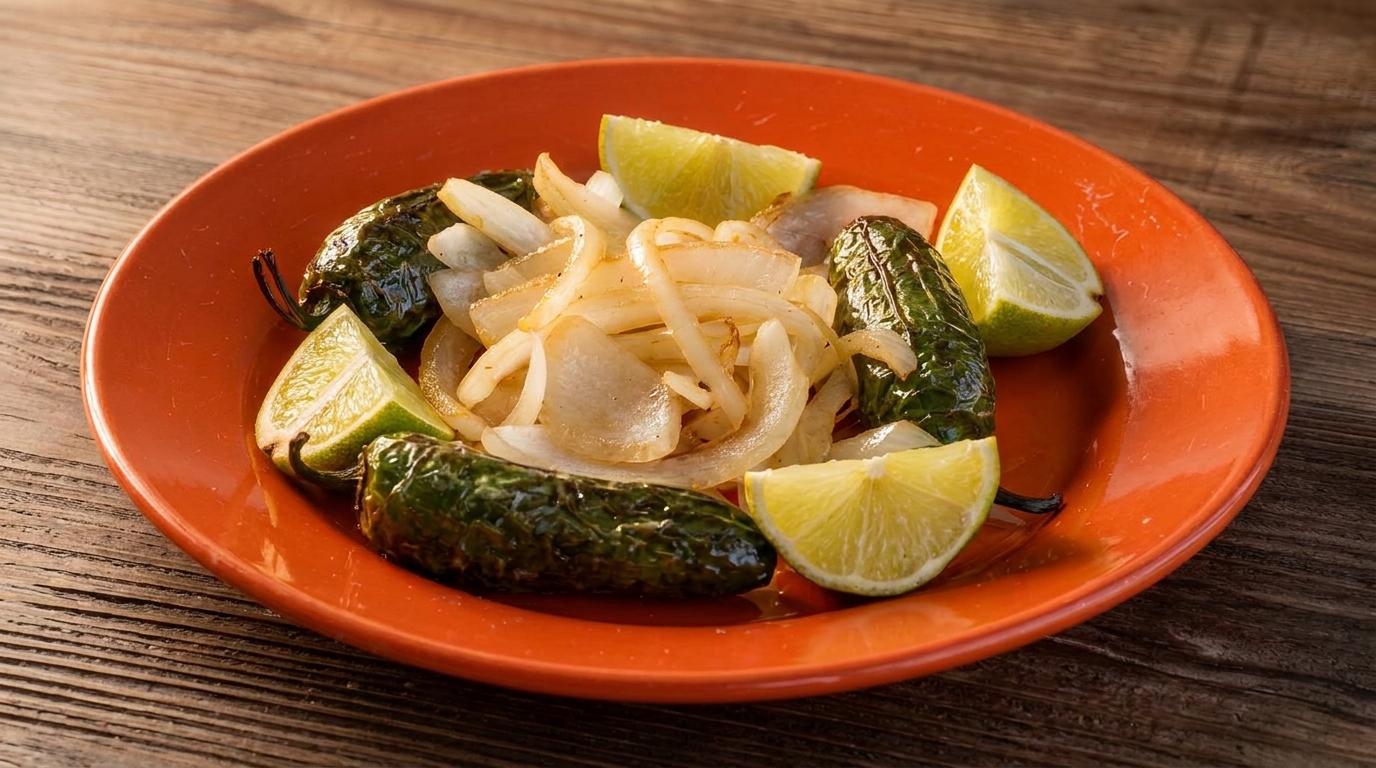 Grilled jalapeños and sautéed onions with lime wedges on an orange plate.