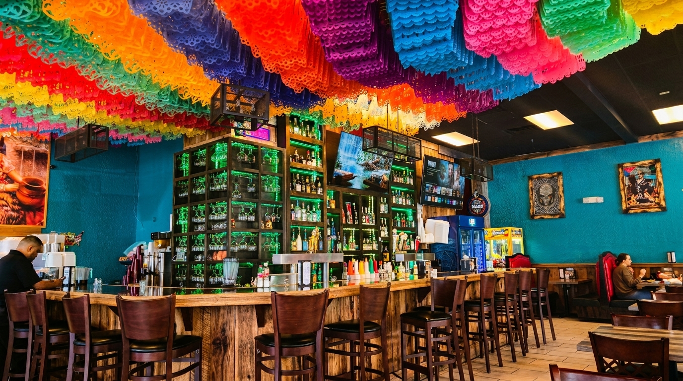 Vibrant Mexican restaurant interior with colorful papel picado, a lively bar, and patrons dining.