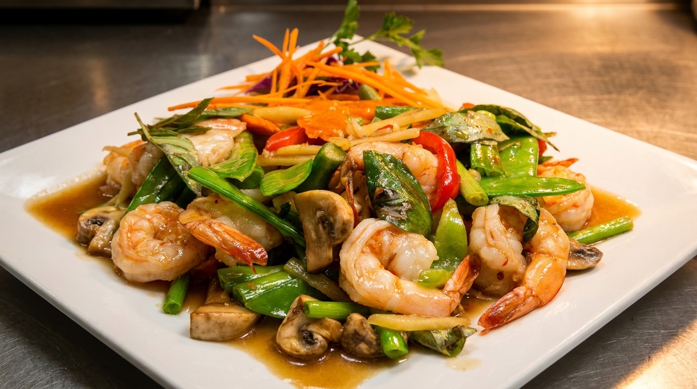 Shrimp stir-fry with snow peas, mushrooms, red peppers, and basil in a savory sauce.