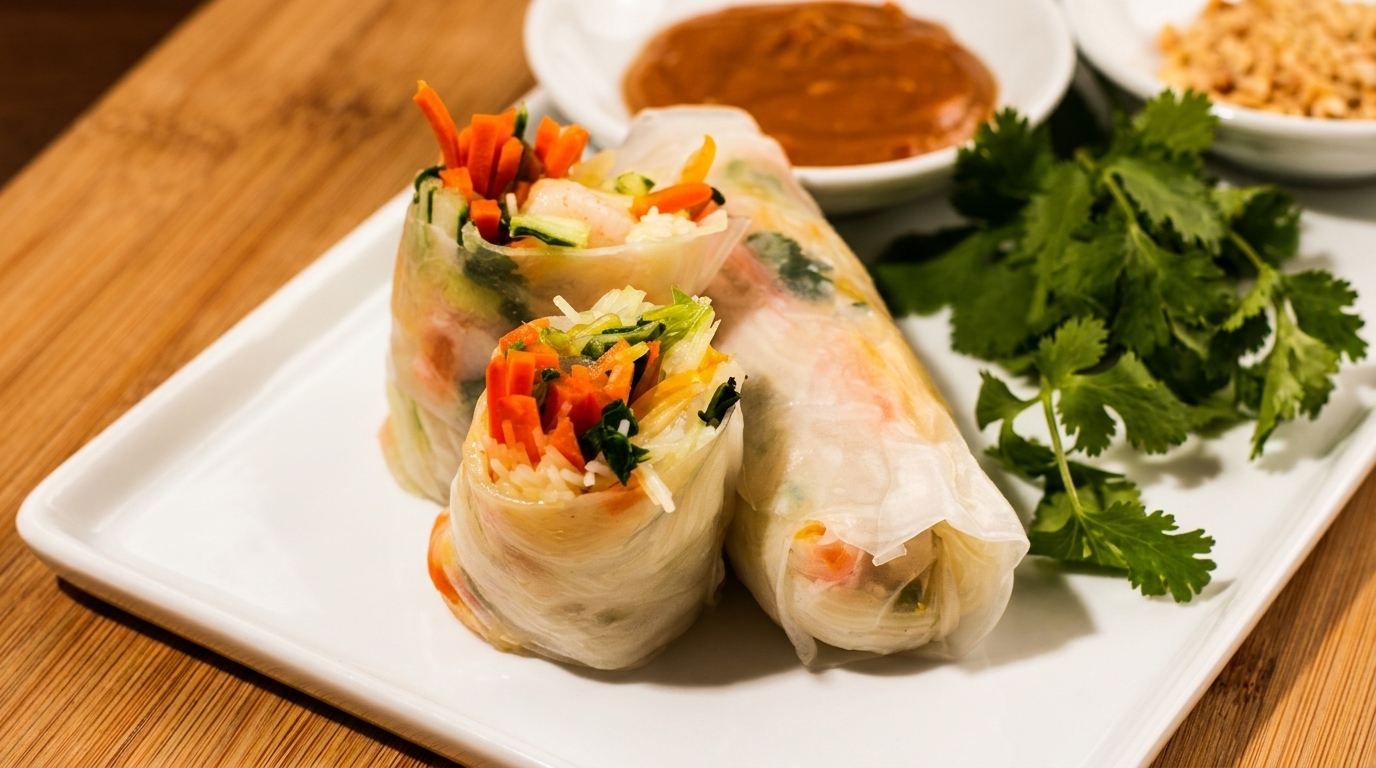 Fresh spring rolls filled with vegetables and shrimp, served with peanut sauce and cilantro.