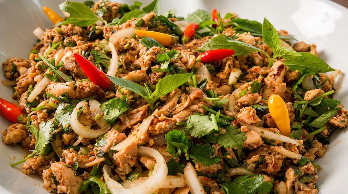 Close-up of a vibrant Thai Larb Gai dish, featuring minced chicken, herbs, onions, and colorful chilies.