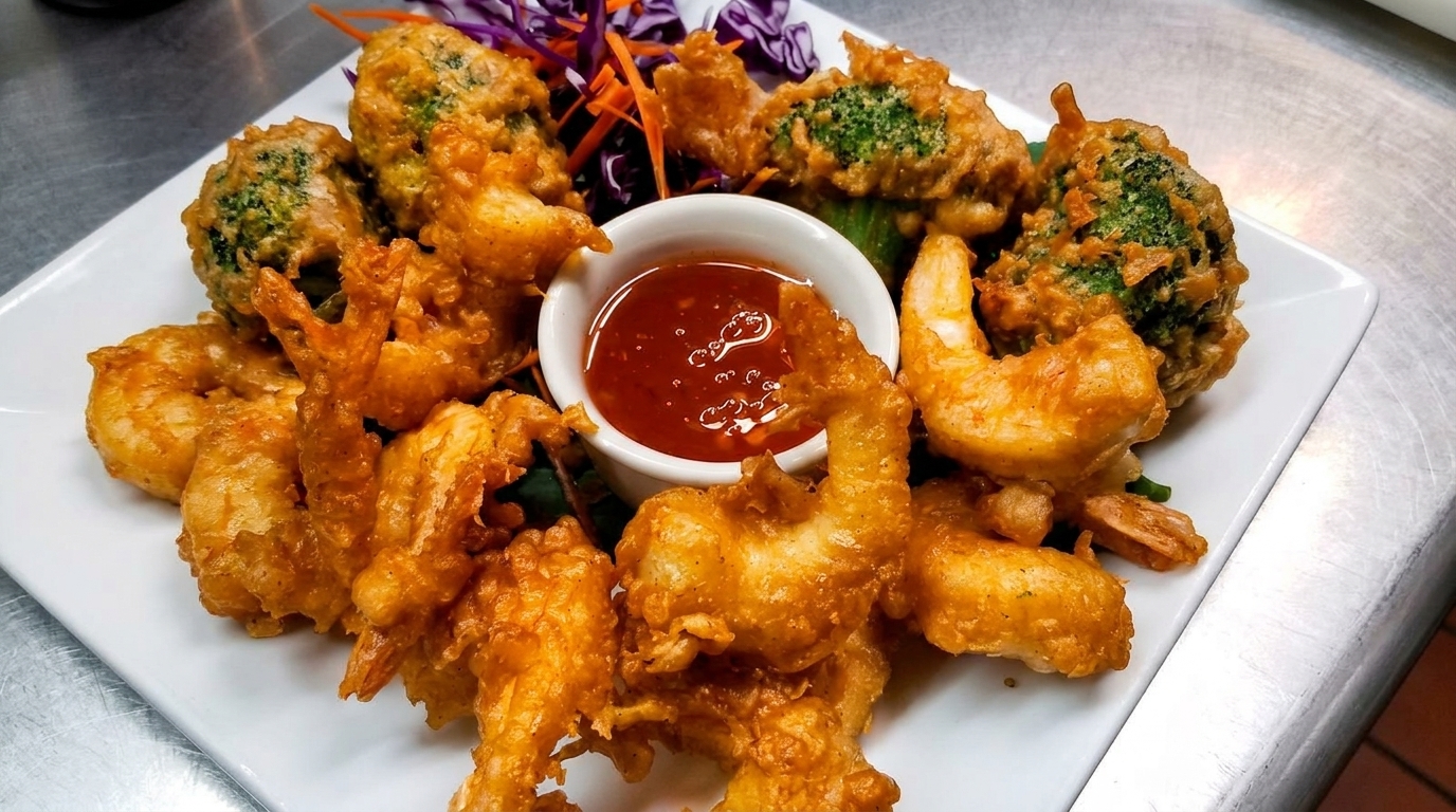 Crispy fried shrimp and broccoli tempura with a sweet chili dipping sauce and shredded vegetables.