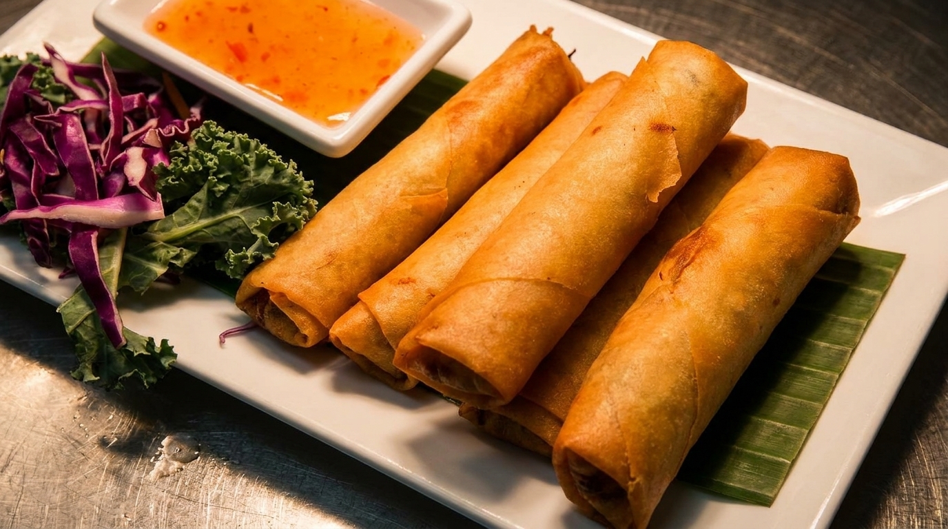 Crispy golden spring rolls with sweet chili dipping sauce, red cabbage, and kale on a white plate.