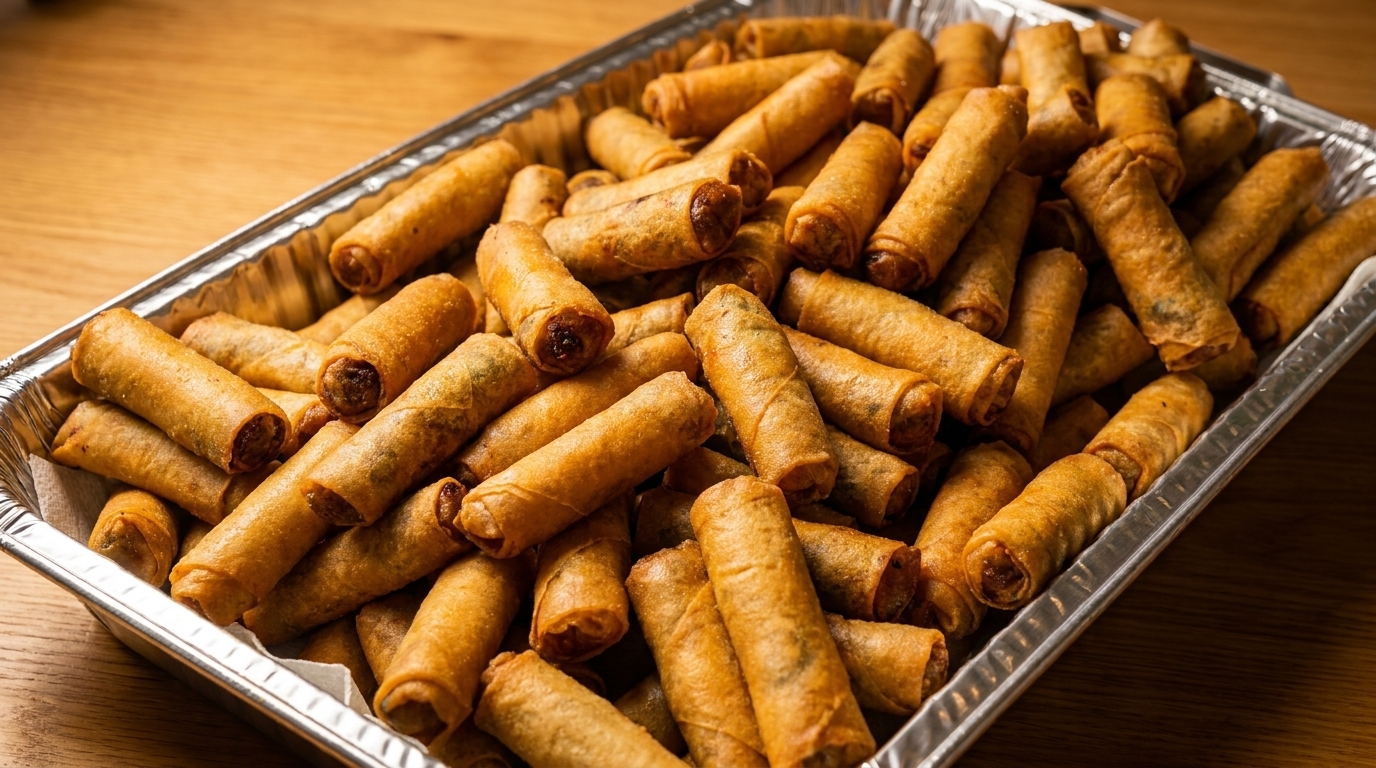 A large catering tray filled with dozens of golden-brown, crispy spring rolls on a wooden table.