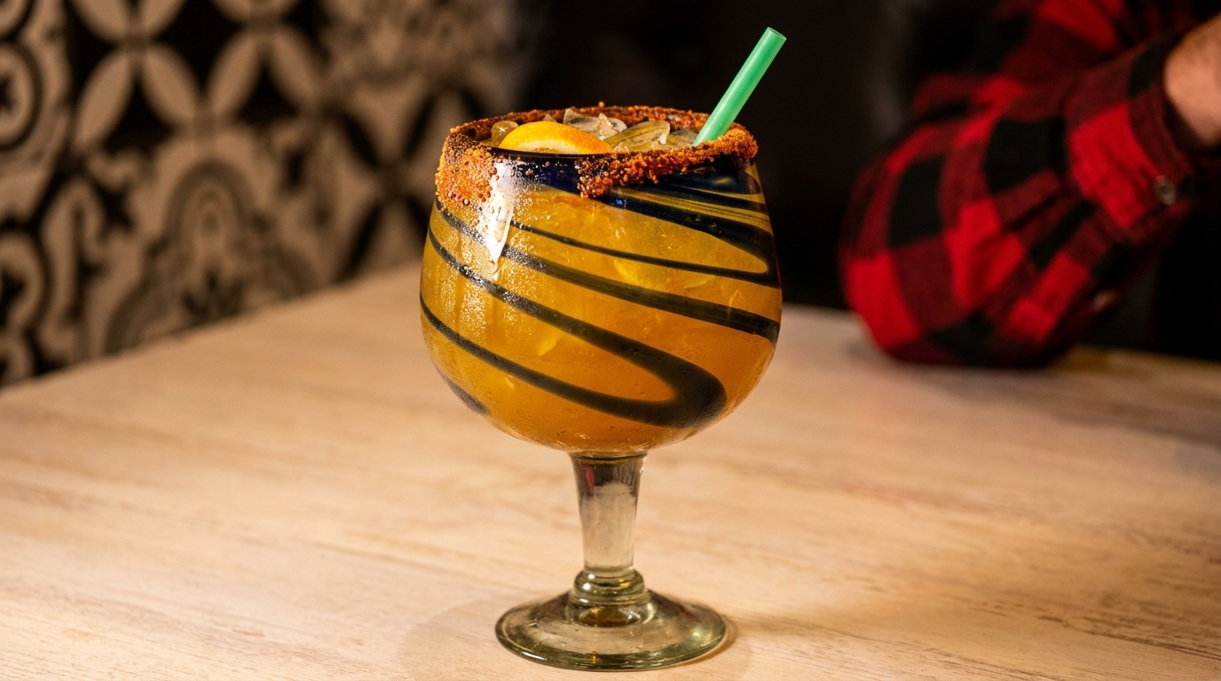 A vibrant orange cocktail in a swirled glass with a chili-lime rim, orange slice, and green straw.