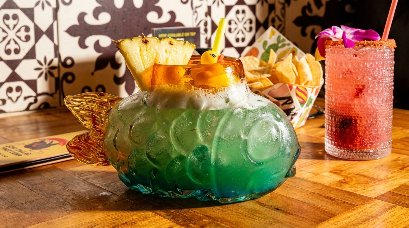 Two colorful cocktails, one in a fish-shaped glass, with chips and patterned tiles in the background.