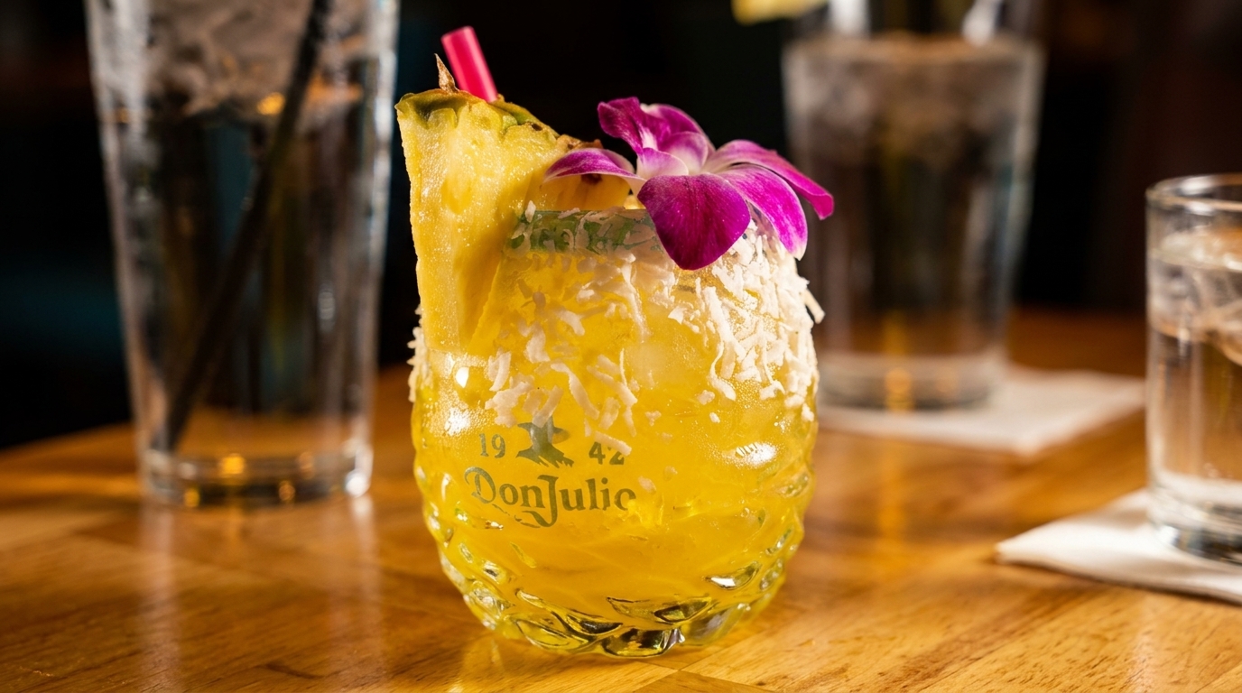 A Don Julio cocktail in a textured glass, garnished with pineapple, coconut, and a purple orchid.
