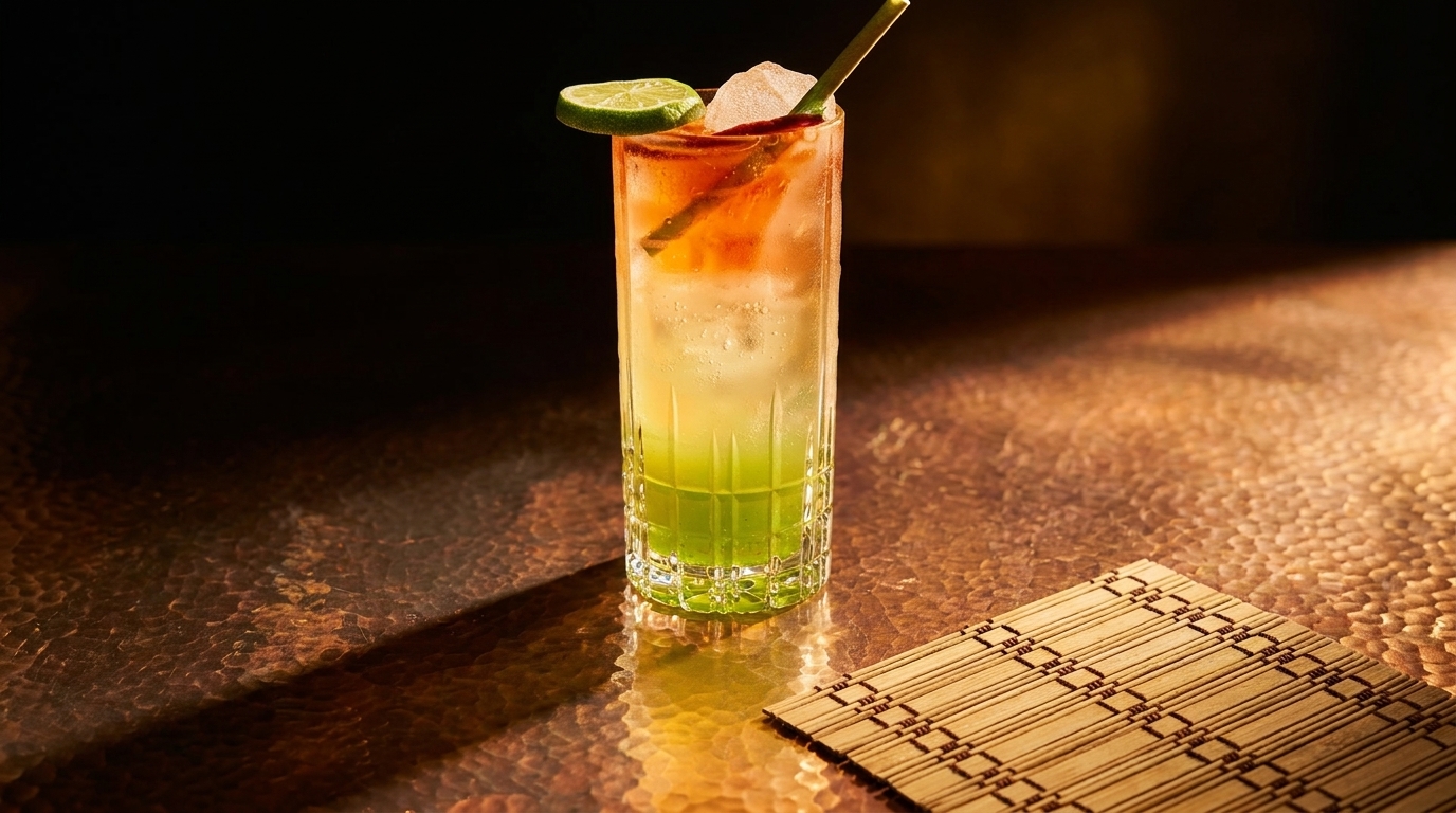 A vibrant layered cocktail with lime and a straw on a hammered copper table with a bamboo mat.